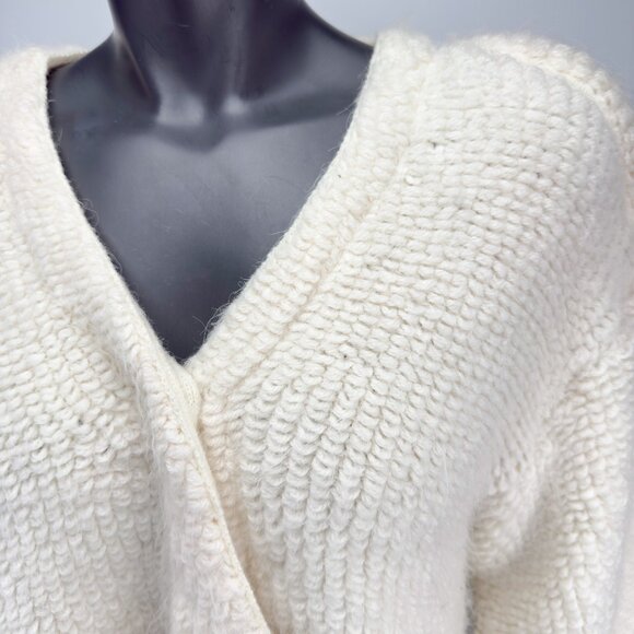 VTG Alpaca / Mohair Cropped Chunky Drop-Shoulder Pads Knit Ivory Cardigan M/L - Picture 2 of 7